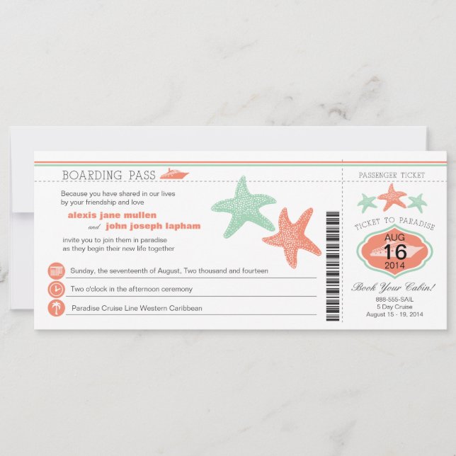 Cruise Ship Starfish Boarding Pass Wedding Invitation (Front)