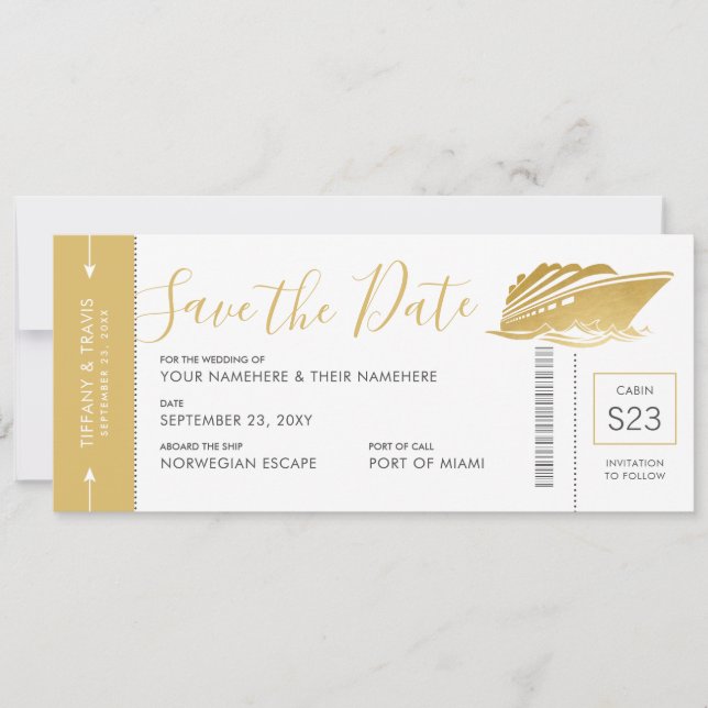 Cruise Wedding Boarding Pass Ticket Gold Yacht Save The Date (Front)