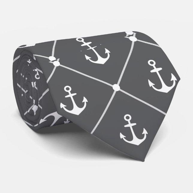Cruise Wedding Nautical Anchor Pattern Grey Tie (Rolled)