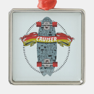 Cruiser Skateboard stick poke tattoo design Metal Ornament