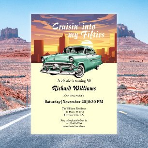 Cruising Classic Retro Car City 50th Birthday Invitation
