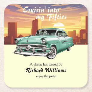 Cruising Classic Retro Car City 50th Birthday Square Paper Coaster