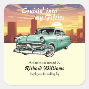 Cruising Classic Retro Car City 50th Birthday Square Sticker