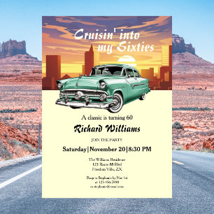 Cruising Classic Retro Car City 60th Birthday Invitation
