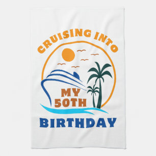 Cruising Into My 50th Birthday Boat Tea Towel