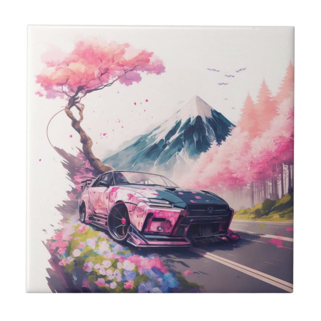 Cruising Through Cherry Blossom Landscape Ceramic Tile (Front)