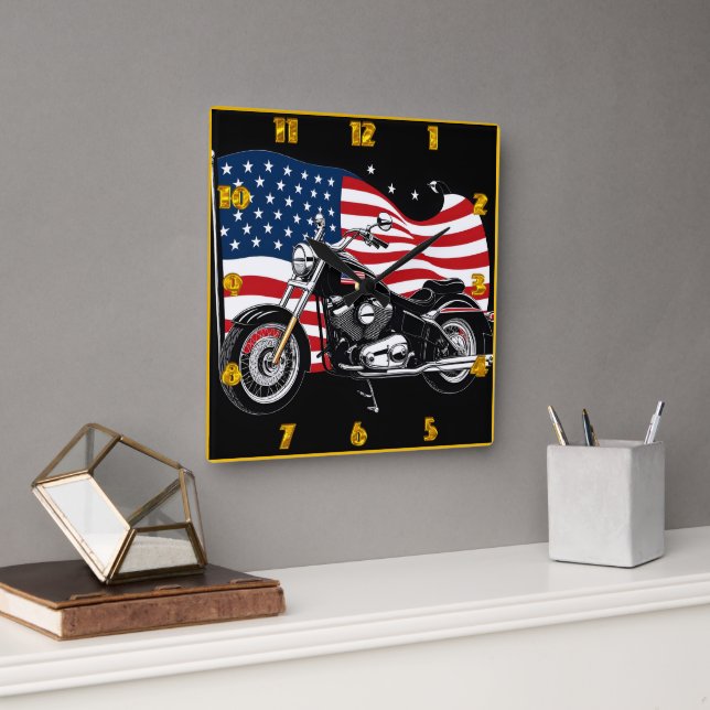 Cruising with pride beside the American flag Square Wall Clock (Office)