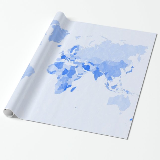 Crumpled Pale Blue World Map Wrapping Paper (Unrolled)