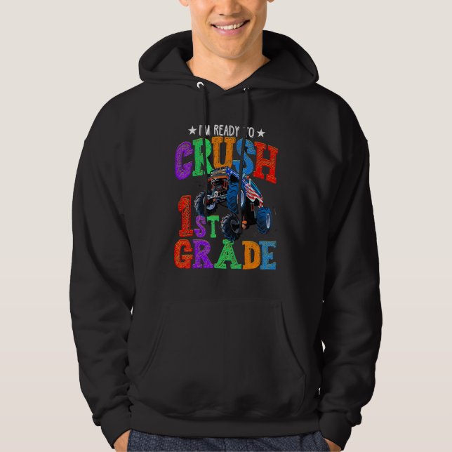 Crush 1st Grade Monster Truck Back To School Boys Hoodie (Front)