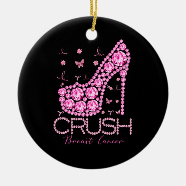 Crush Breast Cancer Awareness Bling Pink Ribbon Ceramic Ornament (Front)