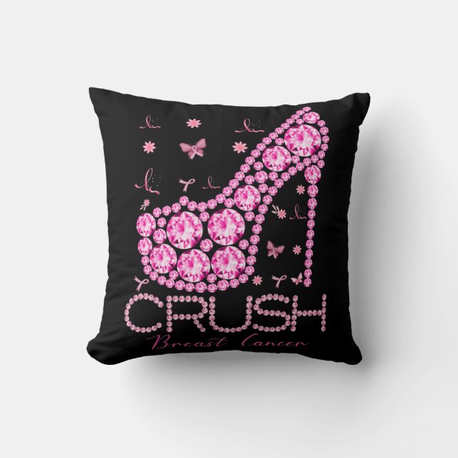 Crush Breast Cancer Awareness Bling Pink Ribbon Cushion (Front)