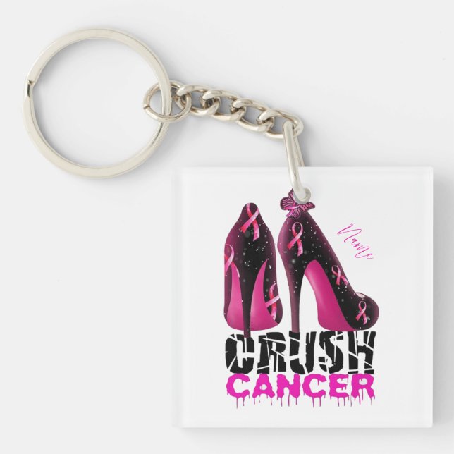 Crush Breast Cancer Awareness name customised Key Ring (Front)