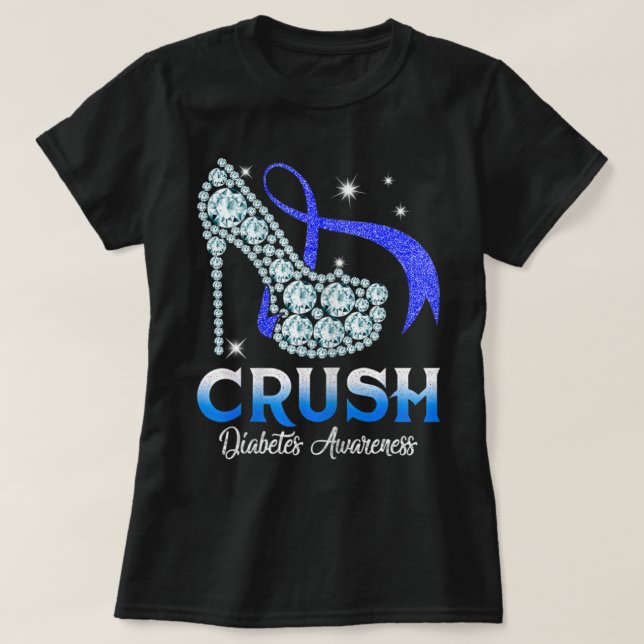 Crush Diabetes Awareness Bling Blue Ribbon T-Shirt (Design Front)