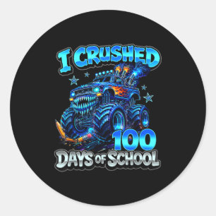 Crushed 100 days of school blue monster truck boys classic round sticker