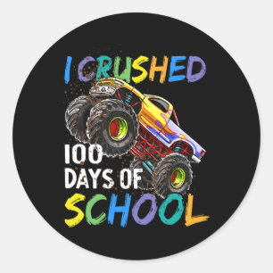 Crushed 100 Days Of School Monster Truck Kids Boys Classic Round Sticker