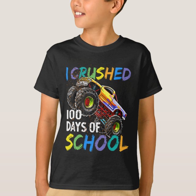 Crushed 100 Days Of School Monster Truck Kids Boys T-Shirt (Front)