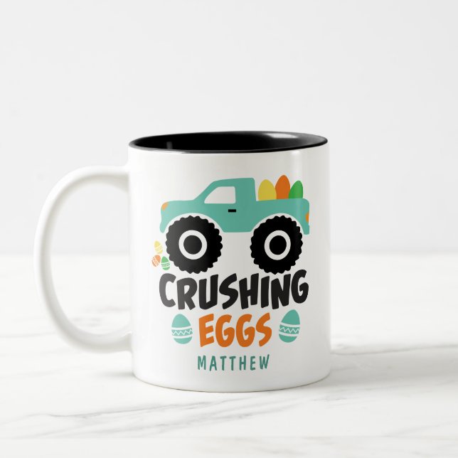 Crushing Eggs Cool Modern Easter Truck Name Two-Tone Coffee Mug (Left)