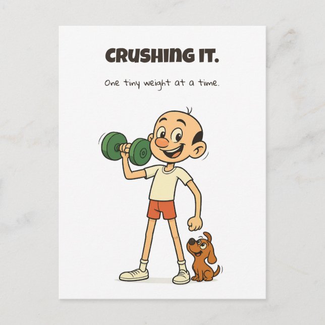 Crushing It – Funny Gym Postcard with Nino & Dog (Front)