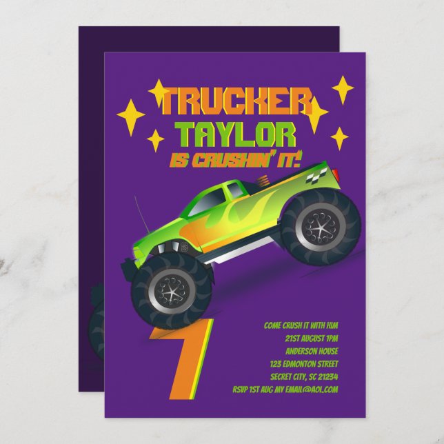 CRUSHING IT Monster Truck Neon Birthday Party Kids Invitation (Front/Back)