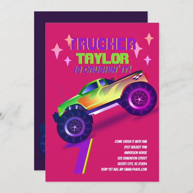 CRUSHING IT Monster Truck Neon Birthday Party Pink Invitation (Front/Back)