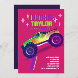 CRUSHING IT Monster Truck Neon Birthday Party Pink Invitation