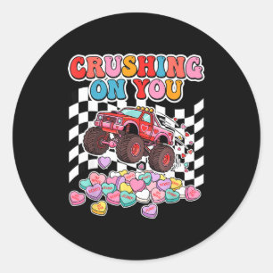Crushing On You Monster Truck Valentine Retro Hear Classic Round Sticker
