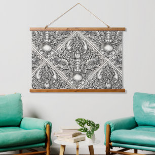 Crustacean in black and natural white hanging tapestry