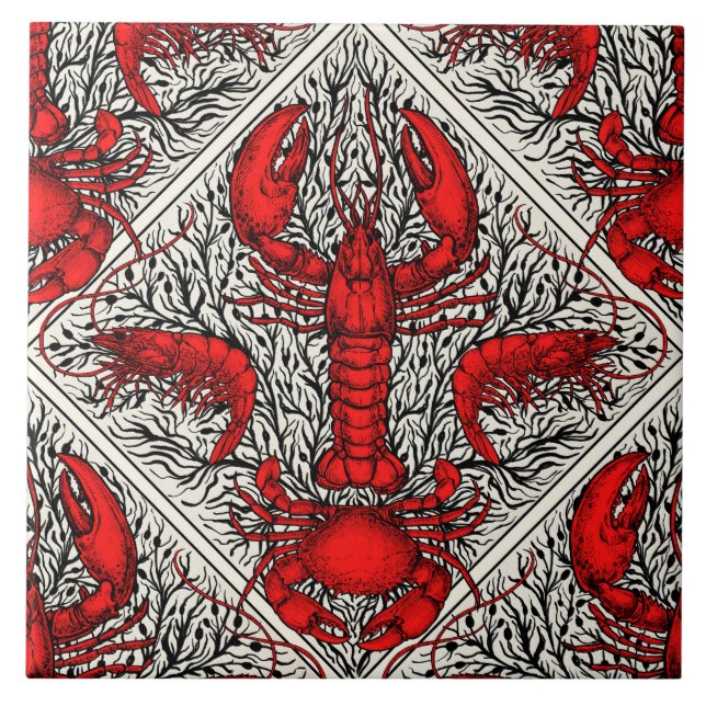 Crustacean in red, black and ivory ceramic tile (Front)