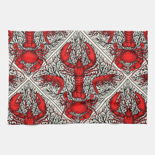 Crustacean in red, black and ivory tea towel (Horizontal)