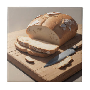 Crusty Bread and Slices on Wooden Board Ceramic Tile