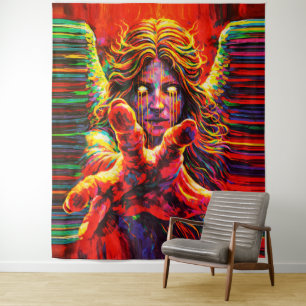 Crying Angel Neon Multicolor Impasto Oil Painting  Tapestry
