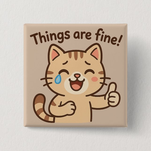Crying Cat Sticker – “Things are fine!” Funny Cart 15 Cm Square Badge (Front)