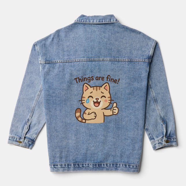 Crying Cat Sticker – “Things are fine!” Funny Cart Denim Jacket (Back)