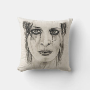 Crying girl - Drawing in pencil Cushion