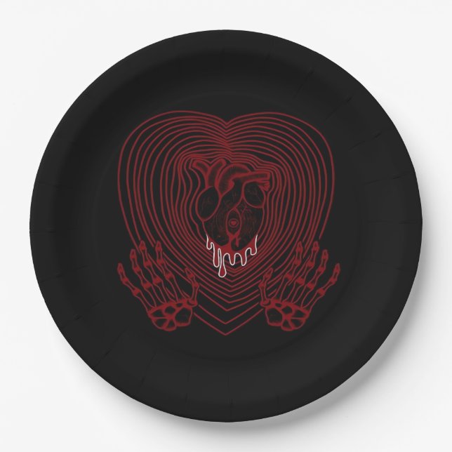 Crying Heart In Red  - Skeleton Hands Hearts Paper Plate (Front)