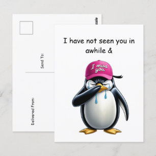 Crying penguin wearing I miss you pink cap Postcard