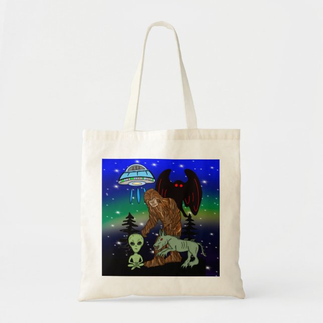 Cryptid Big Foot Alien Mothman UFO Chupacabra Tote Bag (Front)