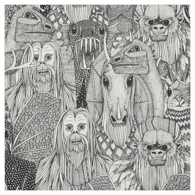 cryptid crowd black white fabric (Swatch)