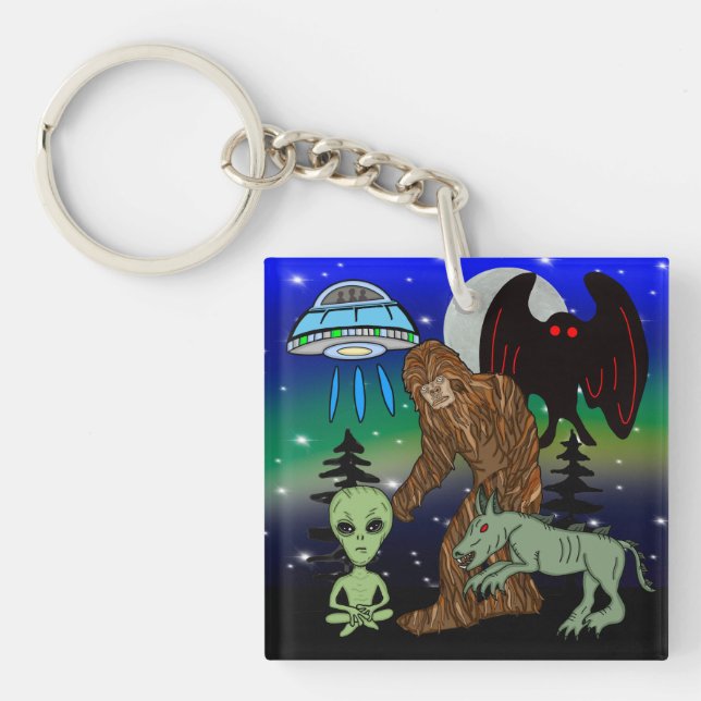 Cryptids, Bigfoot, Sasquatch, Mothman, Alien, UFO Key Ring (Front)