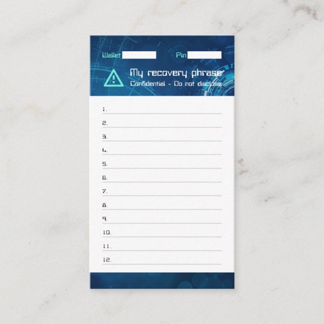 Crypto Wallet Sci-Fi Recovery Seed Phrase 12 Business Card (Front)