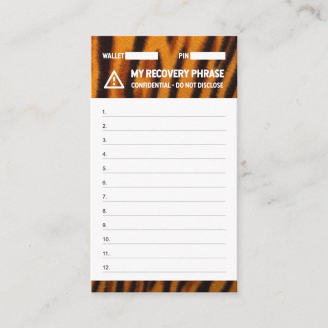 Crypto Wallet Tiger Recovery Seed Phrase 12 Business Card (Front)