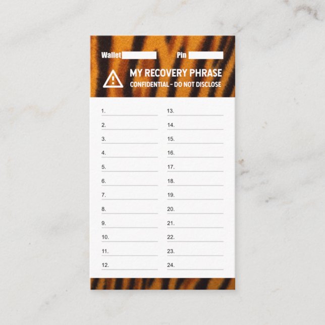 Crypto Wallet Tiger Recovery Seed Phrase 24 Business Card (Front)