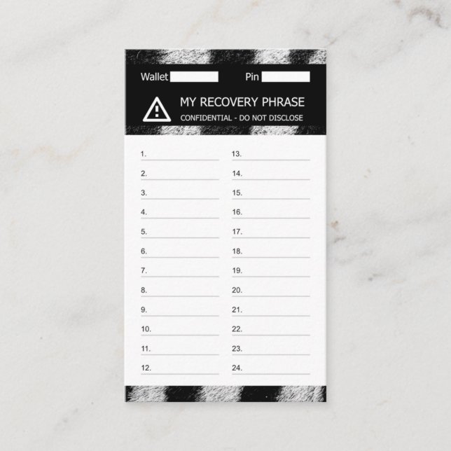 Crypto Wallet Zebra Recovery Seed Phrase 24 Business Card (Front)