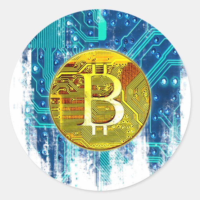Cryptocurrency Bitcoin and Circuit Board  Classic Round Sticker (Front)