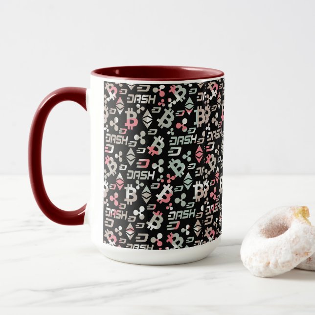 Cryptocurrency Pink Colourful Money Pattern Mug (With Donut)