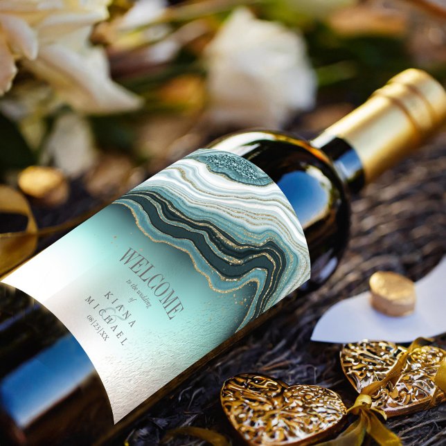 Crystal Agate Wedding Welcome Teal ID825 Wine Label (Creator Uploaded)