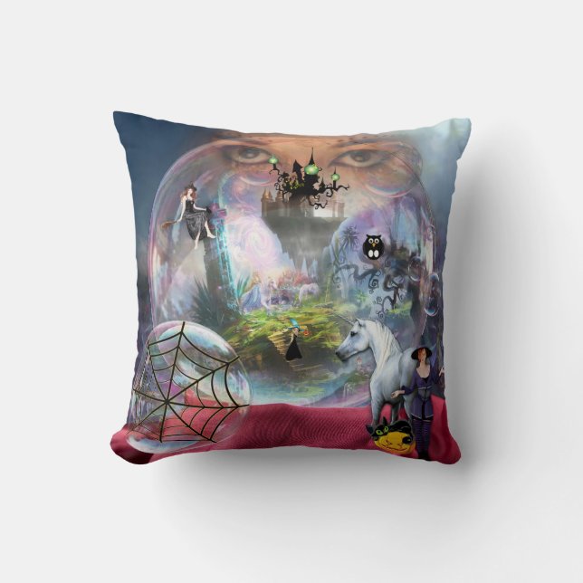 Crystal Ball Halloween Witch Throw Pillow (Front)