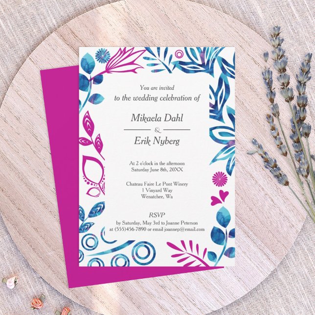 Crystal Blue and Deep Pink Wedding Invitation (royal blue and magenta pink wedding invitation with floral border frame)