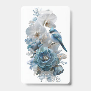 Crystal Blue Bird & Glass Flower Badge. ID Badge