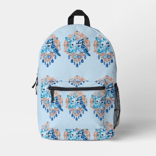 Crystal Blue Bunny and Blue Jay Heart Printed Backpack (Front)